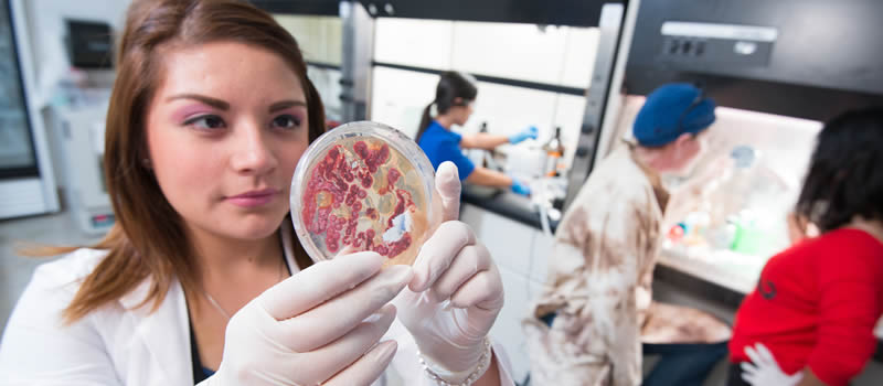 Female student holding petri dish in biology lab